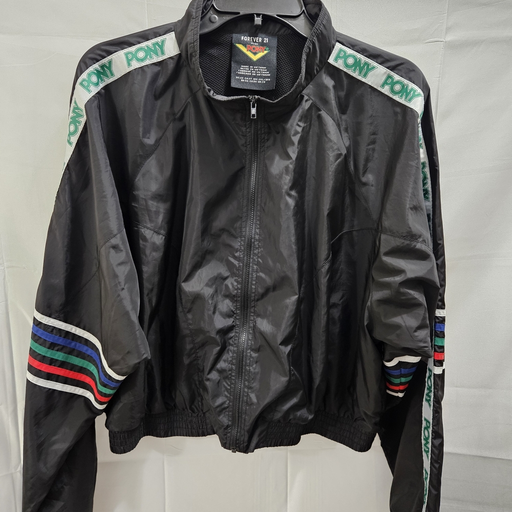 Pony Black Bomber Jacket with Multicolor Stripes